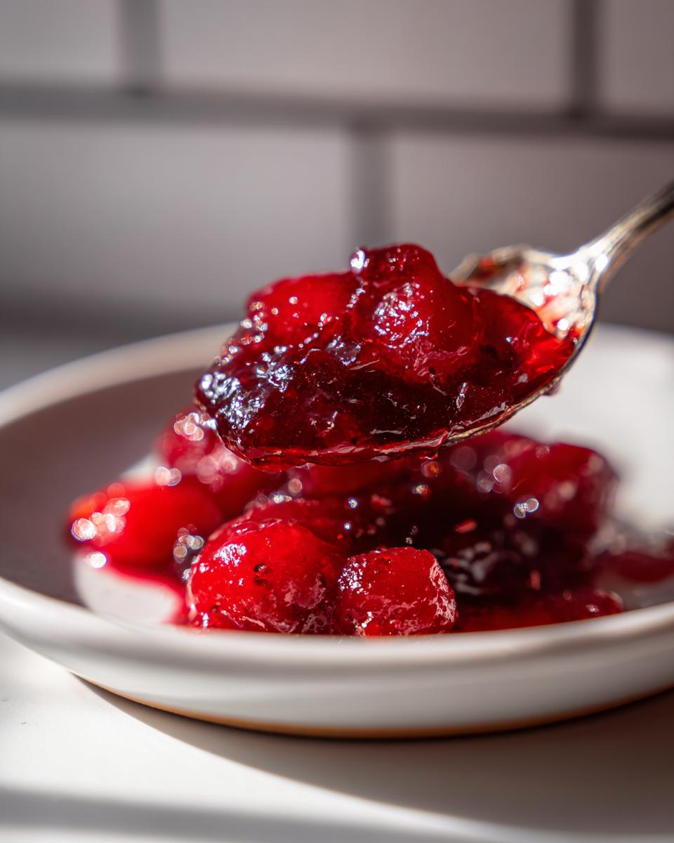 A spoonful of bright red, chunky christmas jam being lifted from a small white bowl.