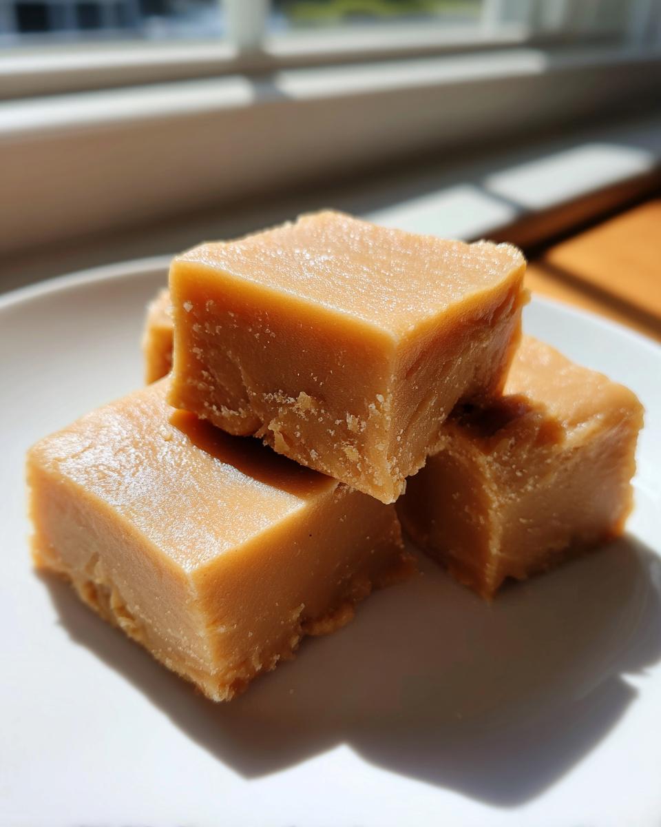 Three squares of creamy, light brown peanut butter fudge stacked on a white plate in bright sunlight.