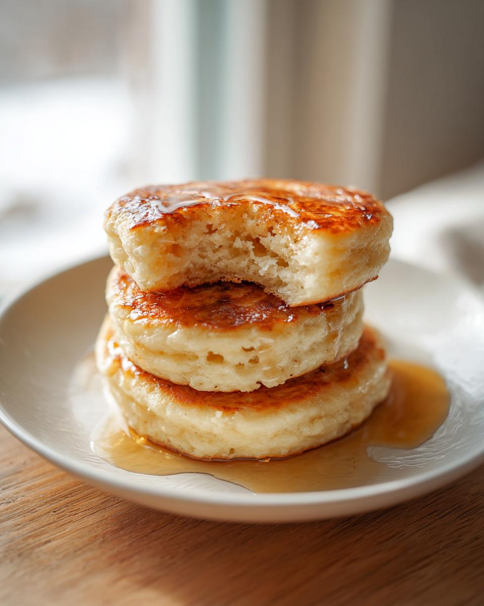 A stack of three golden-brown almond flour pancakes drizzled with syrup, one with a bite taken out.