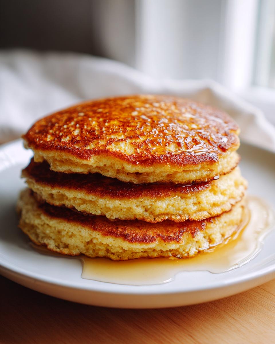 A tall stack of three golden brown almond flour pancakes drizzled generously with maple syrup on a white plate.