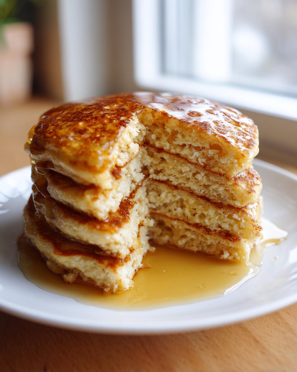 A tall stack of fluffy almond flour pancakes with a slice cut out, drizzled generously with maple syrup.