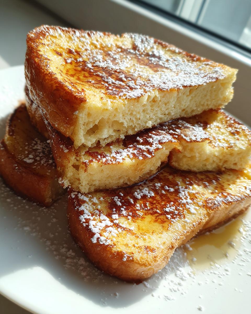 A stack of thick, golden-brown easy french toast slices dusted heavily with powdered sugar and drizzled with syrup.