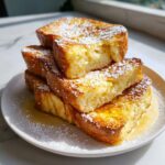A stack of four thick slices of golden brown easy french toast dusted with powdered sugar and drizzled with syrup.