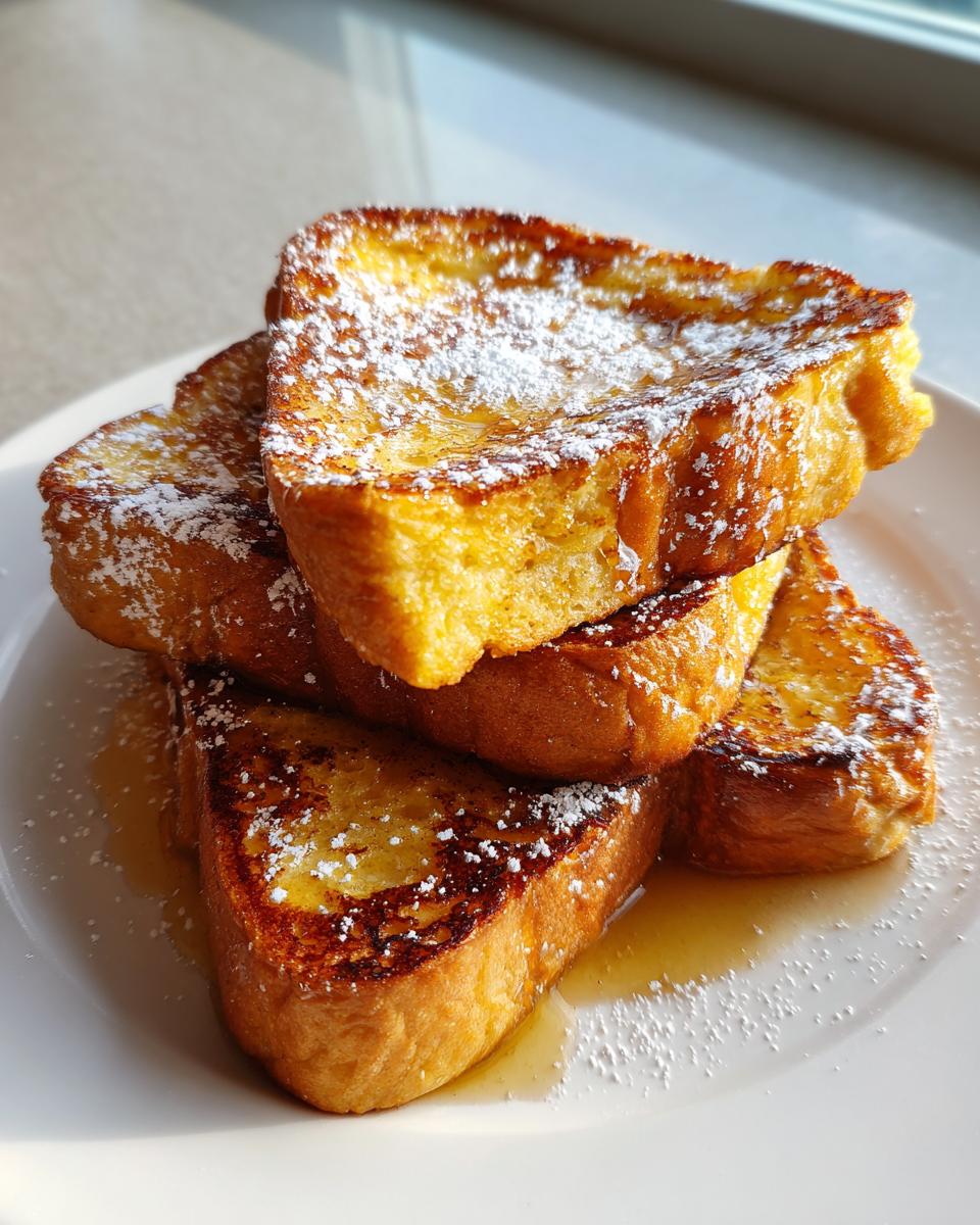 A stack of golden brown easy french toast slices topped with powdered sugar and syrup on a white plate.