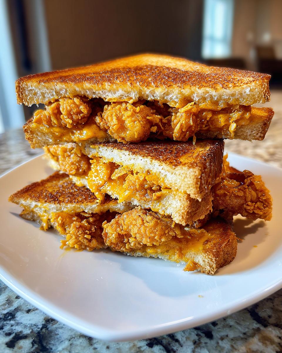 A stack of toasted sandwich halves filled with crispy fried shrimp and melted orange cheese, resembling a gourmet shrimp toast.