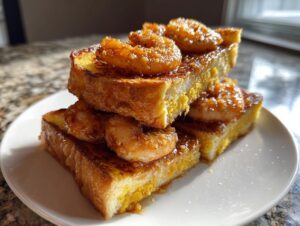 Close-up of stacked, thick-cut, golden-brown shrimp toast pieces topped with glazed shrimp.