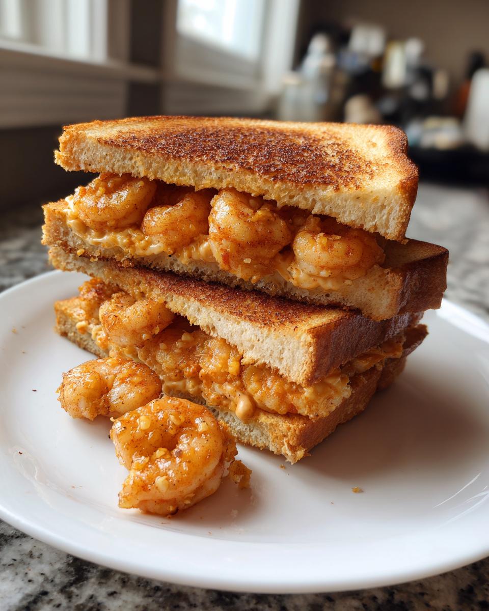Two halves of a stacked shrimp toast sandwich filled with seasoned shrimp on toasted white bread.