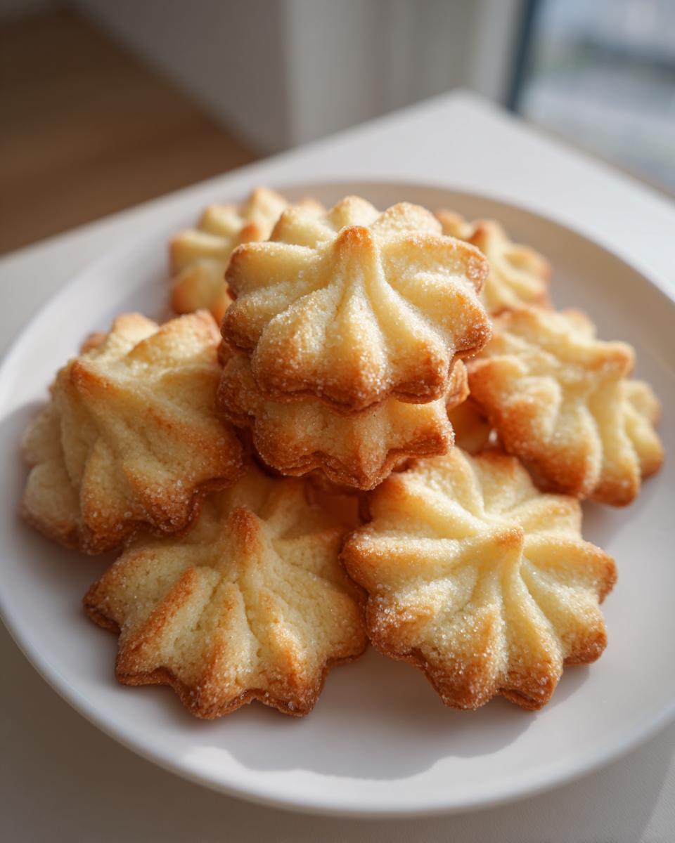 A close-up of freshly baked, star-shaped butter cookie treats piled on a white plate, lightly dusted with sugar.