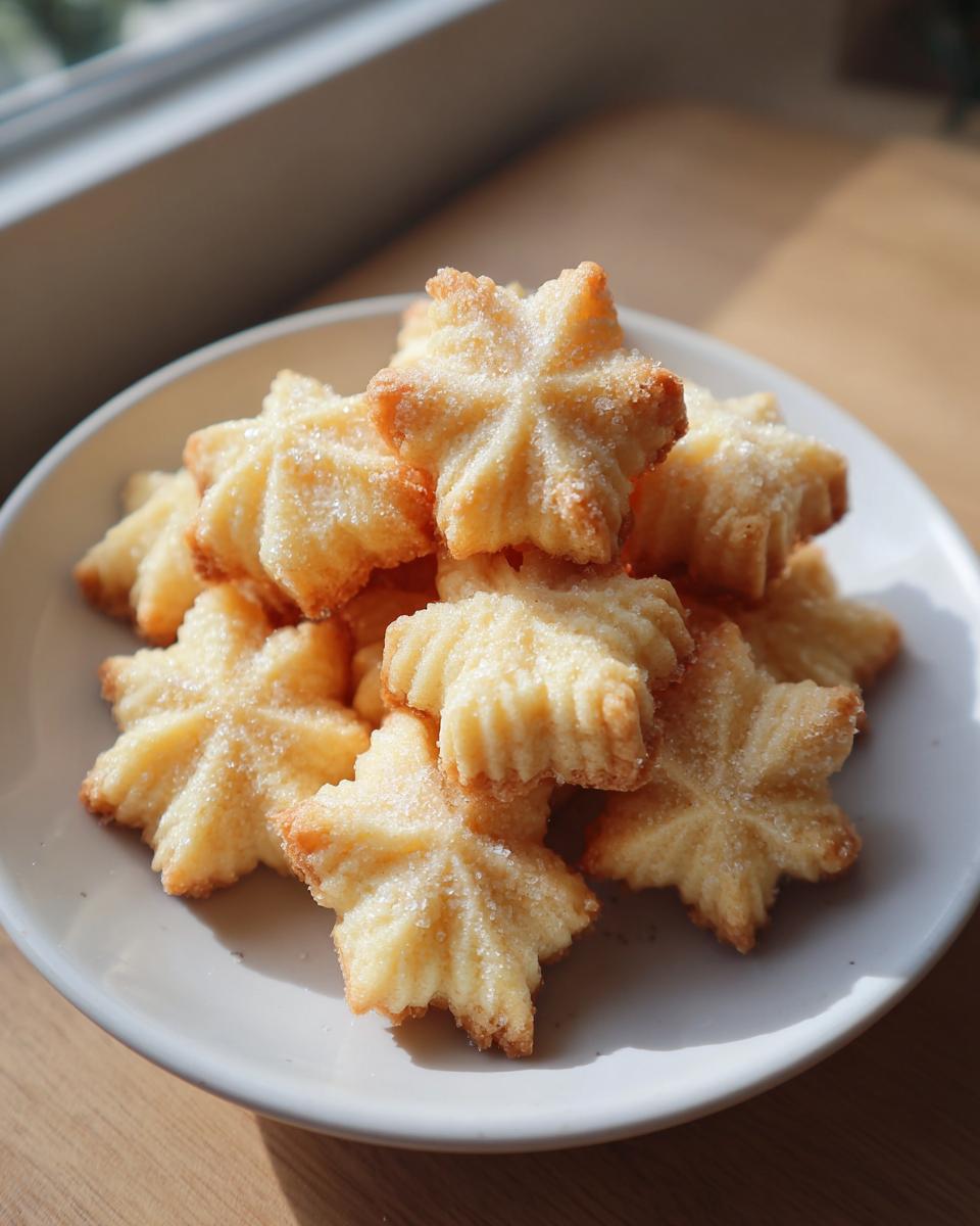 A pile of freshly baked, star-shaped butter cookie treats sprinkled with coarse sugar on a white plate.