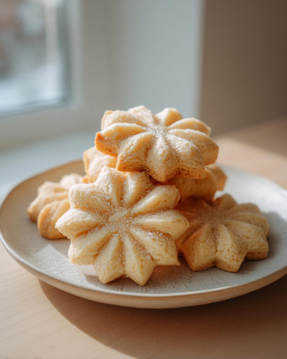 A stack of golden, star-shaped butter cookie treats sprinkled with coarse sugar, resting on a light plate.
