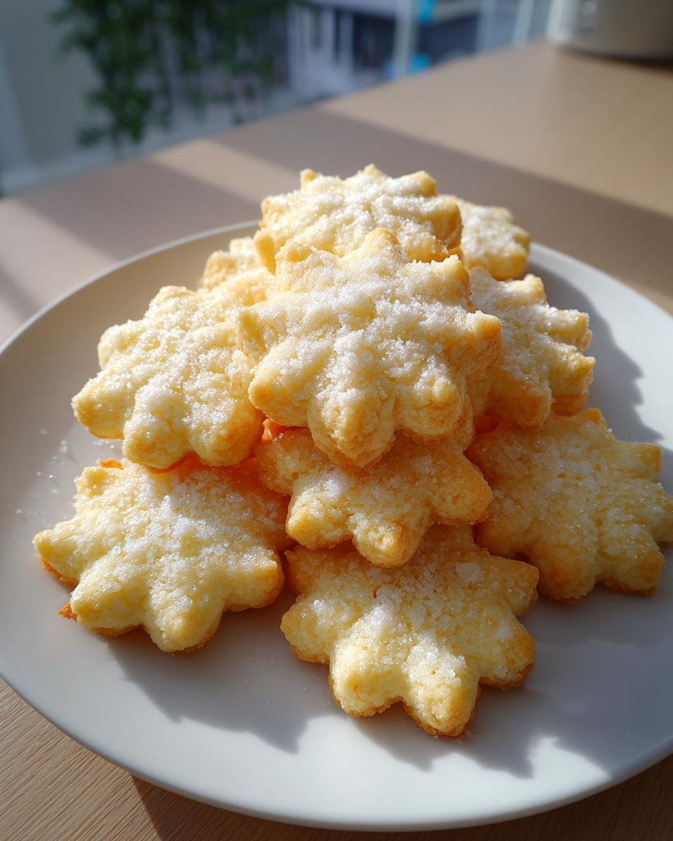 A stack of golden, flower-shaped butter cookie dusted generously with granulated sugar, sitting on a white plate.