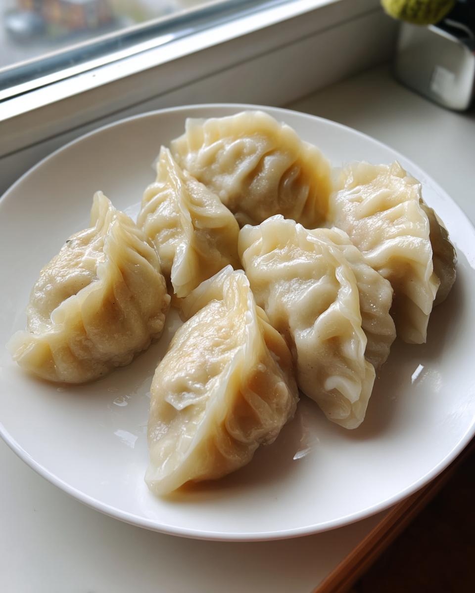 A plate of freshly steamed Traditional Chinese Dumplings with crimped edges, set near a window.