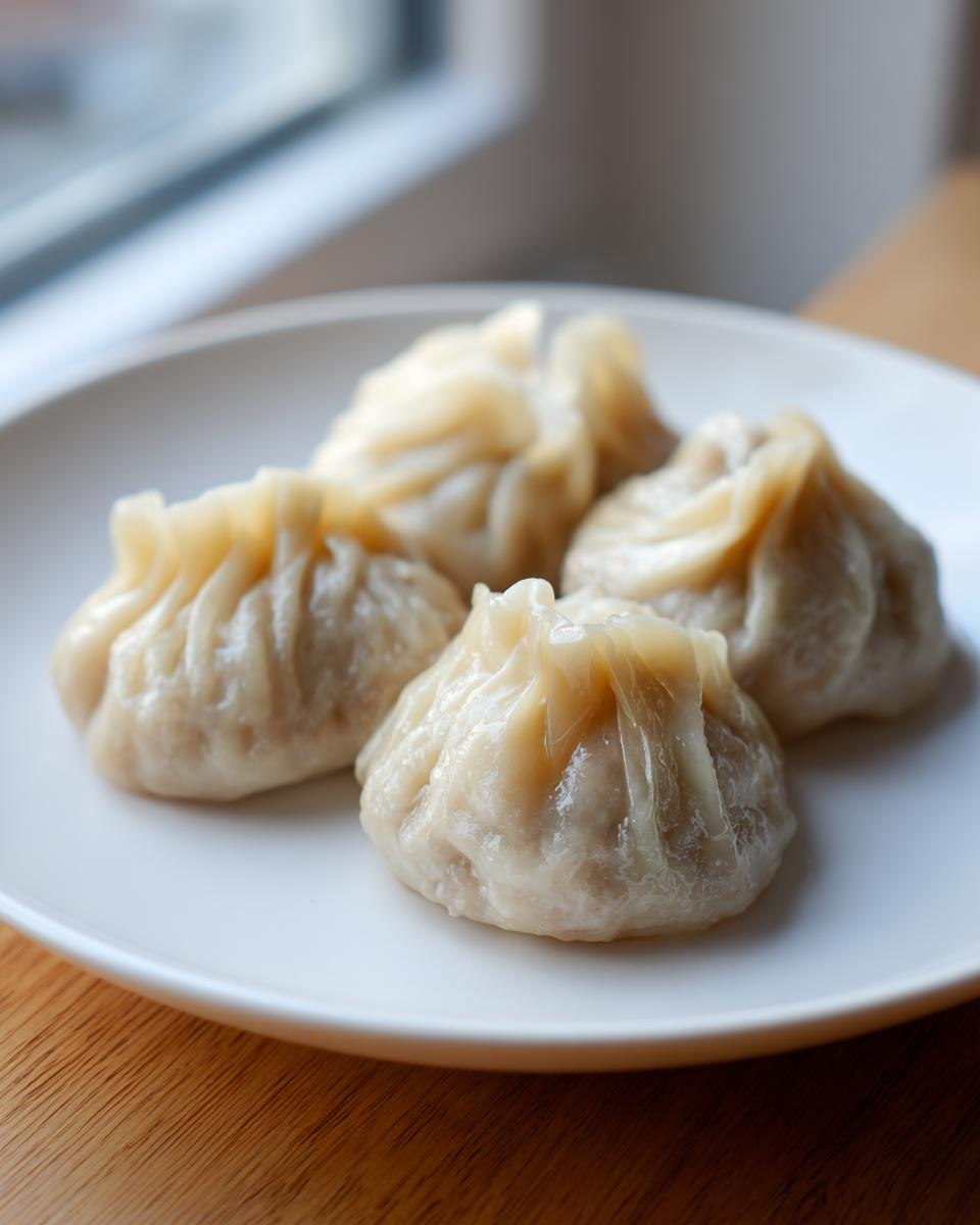 Four freshly steamed Traditional Chinese Dumplings arranged on a simple white plate.