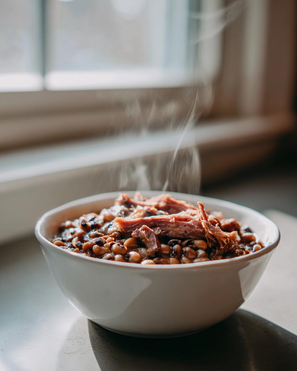 A steaming white bowl filled with flavorful black eyed peas topped with shredded smoked ham.