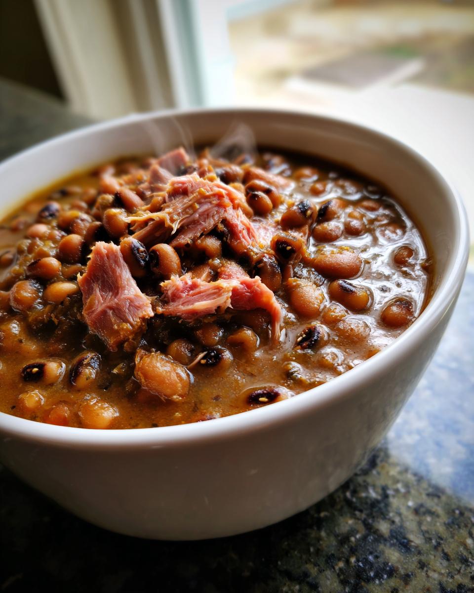 Close-up of a steaming white bowl filled with rich, savory black eyed peas topped with shredded smoked ham.