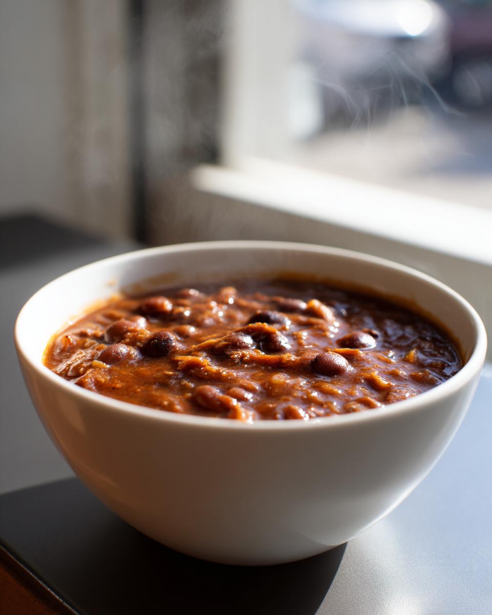 Close-up of a white bowl filled with steaming, rich, brown black eyed peas stew.