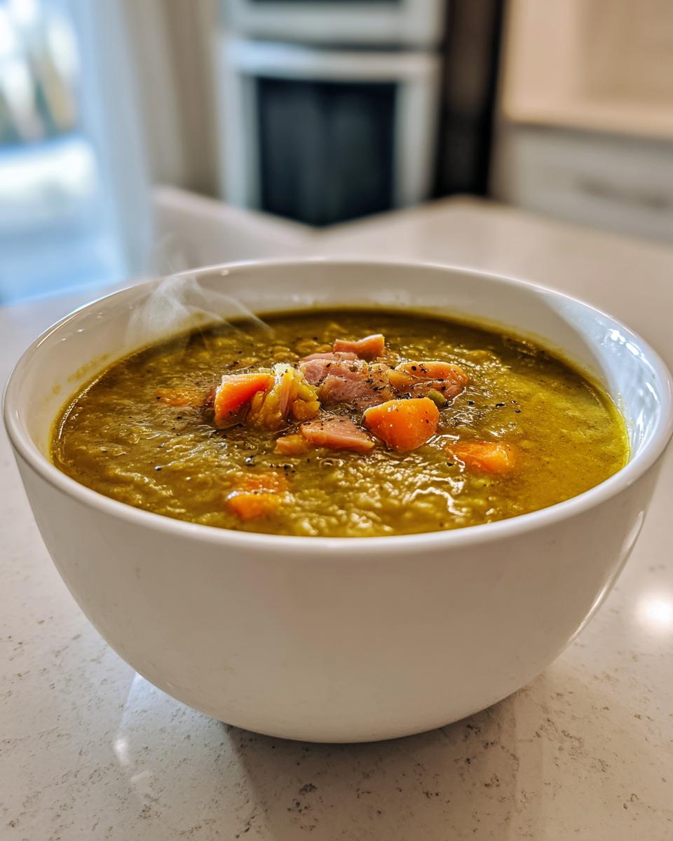A close-up of a steaming white bowl filled with thick, green pea soup, topped with diced ham and carrots.
