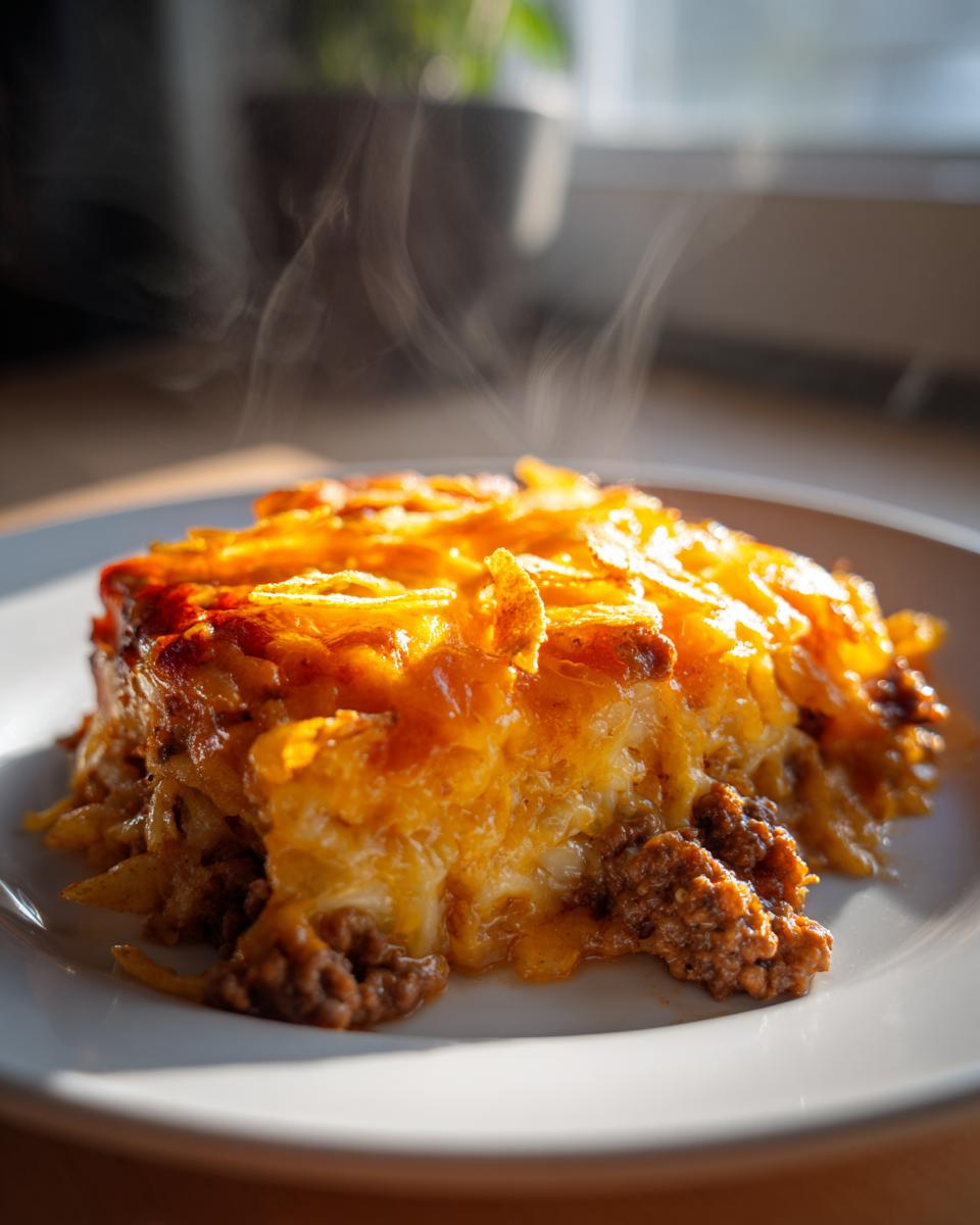 A close-up, steaming hot slice of cheeseburger casserole with melted cheese and ground beef layers on a white plate.