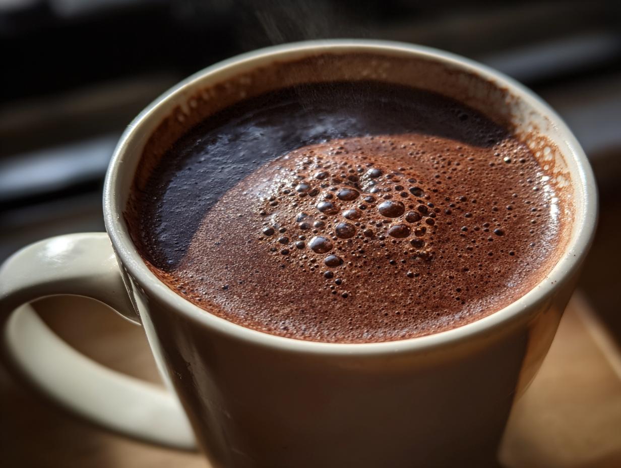 Close-up of a creamy, steaming mug of rich hot chocolate with a layer of small bubbles on top.