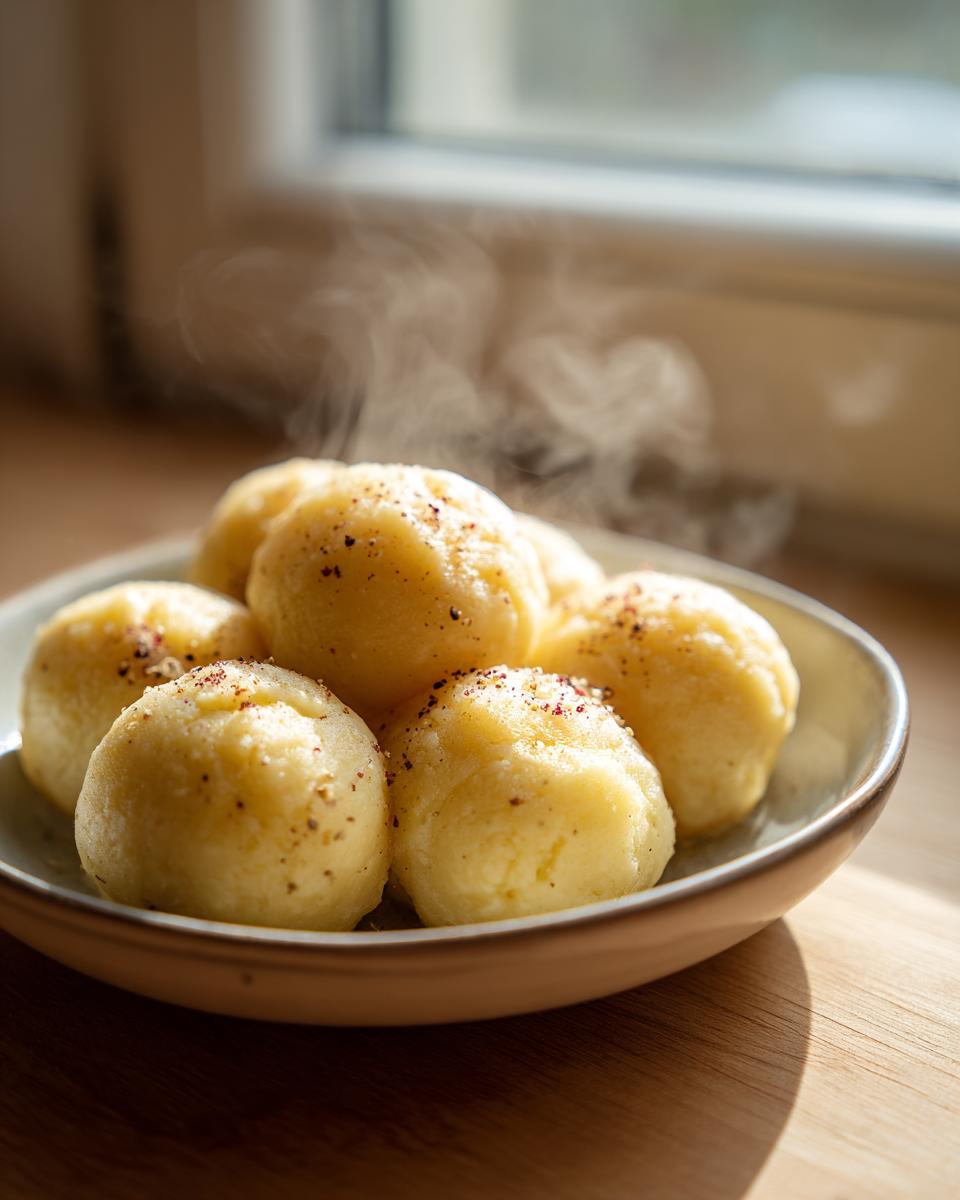 A close-up of several steaming hot potato dumplings seasoned with pepper in a light-colored bowl.