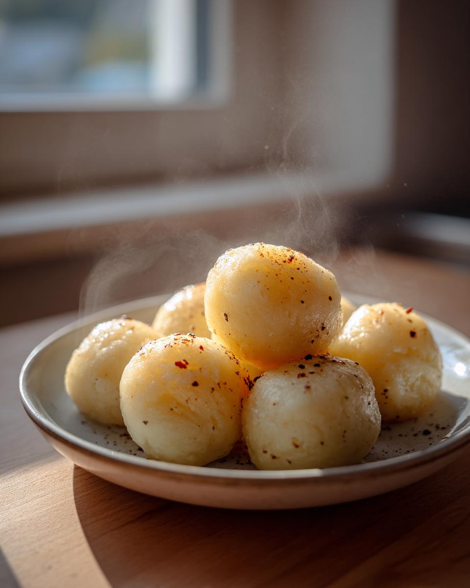 A close-up of several steaming hot potato dumplings seasoned with pepper on a small plate.
