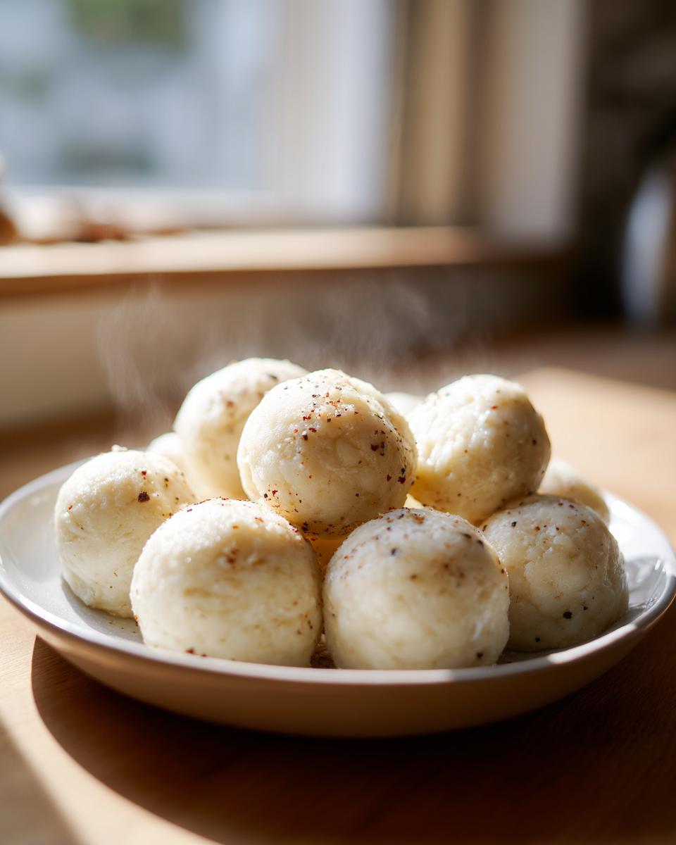 A close-up of several steaming hot potato dumplings lightly seasoned with pepper on a light-colored plate.