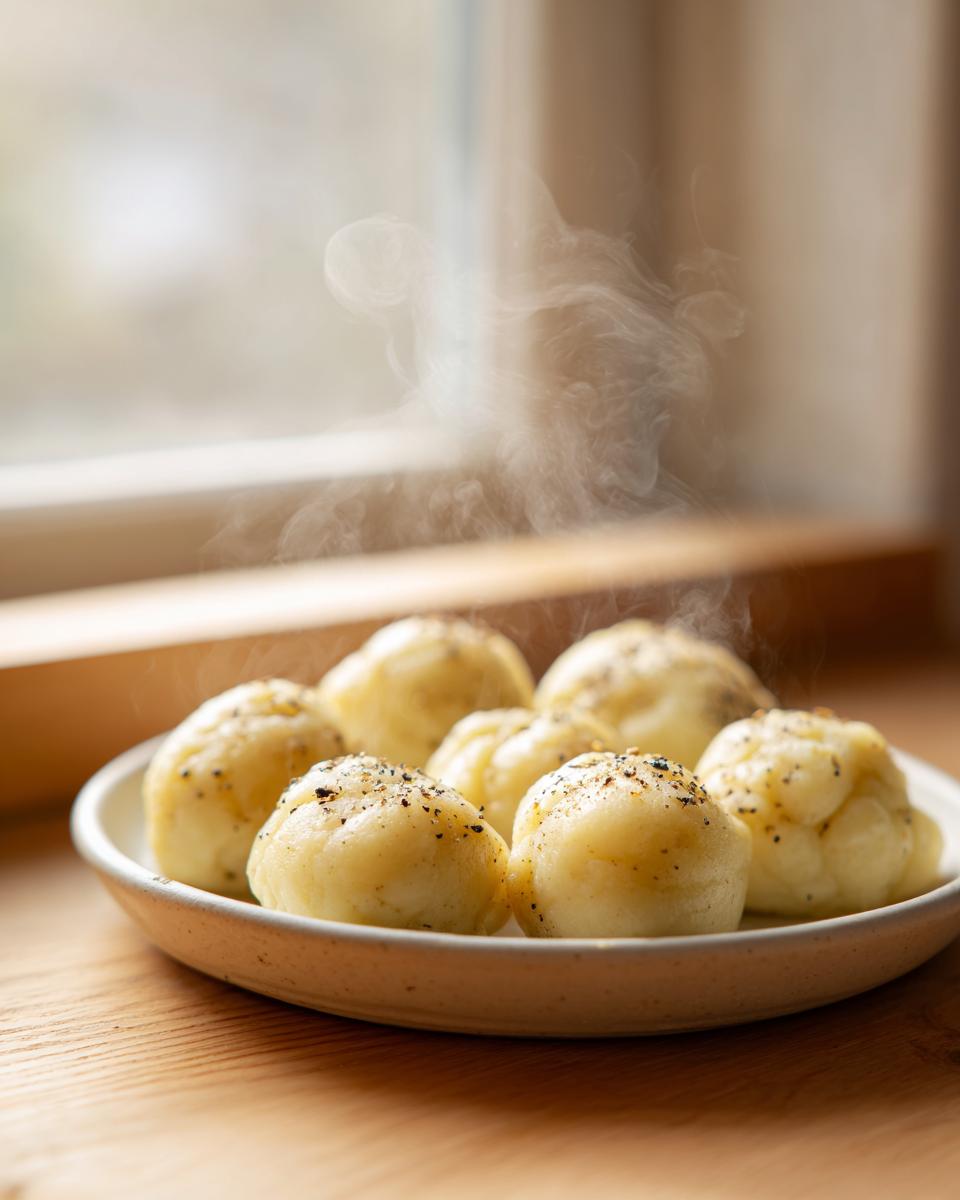 A plate of freshly steamed potato dumplings topped with cracked black pepper, emitting visible steam.