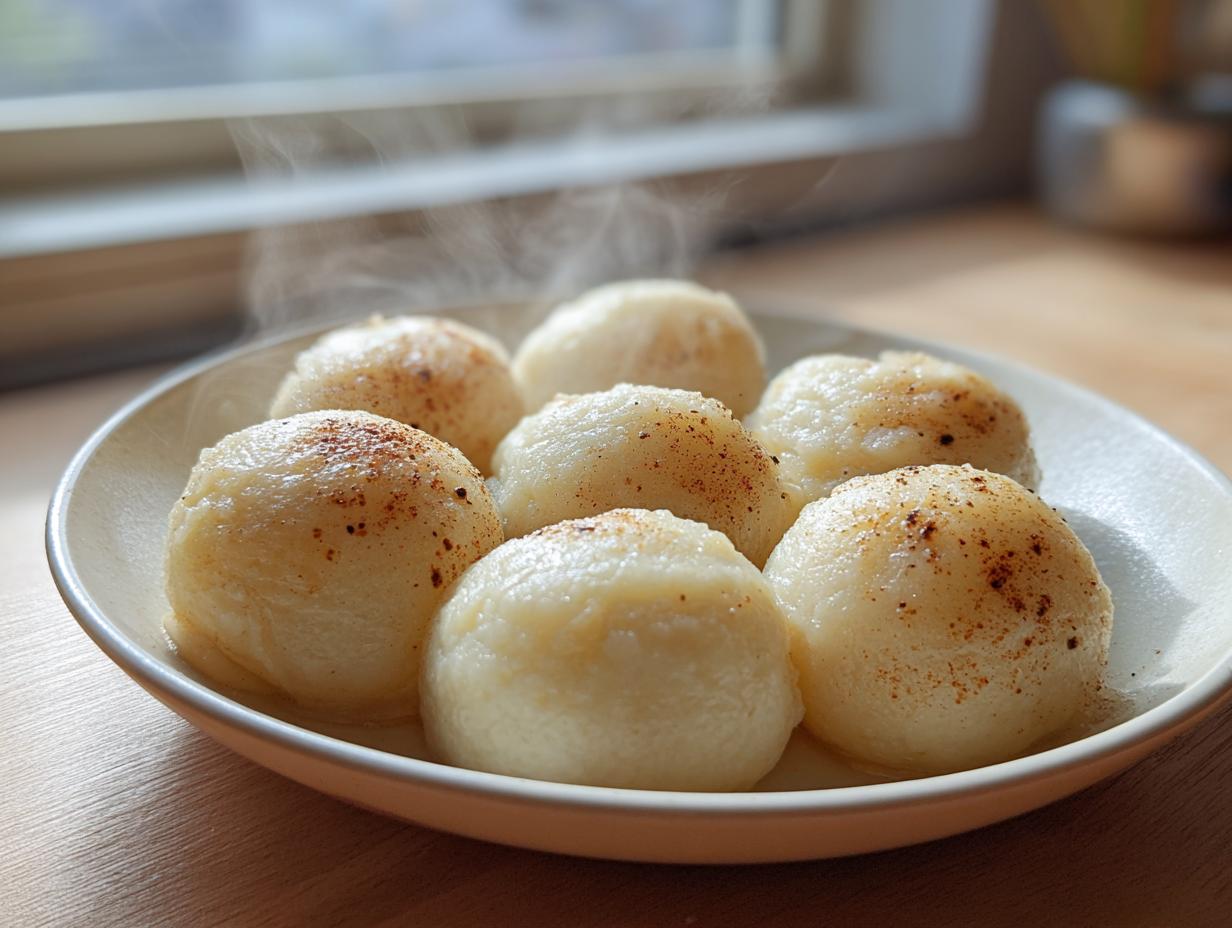 A plate of freshly made, steaming hot potato dumplings sprinkled with brown spices.