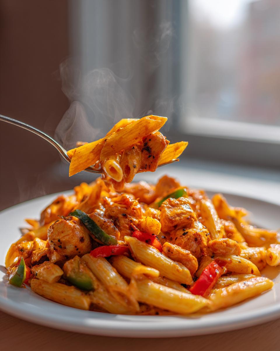 A fork lifts steaming penne pasta coated in orange sauce, chicken, and peppers from a plate of Rasta Pasta.