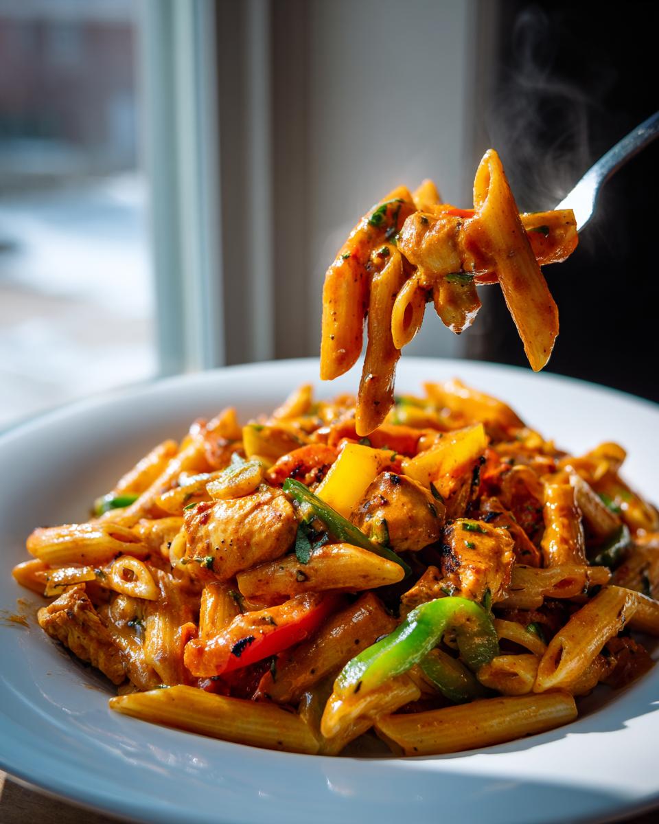 A fork lifting steaming penne pasta from a bowl of vibrant Rasta Pasta with chicken and bell peppers.