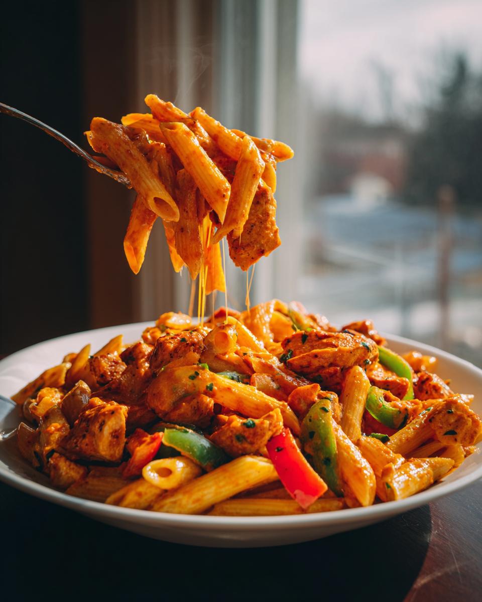 A fork lifts a portion of creamy, orange-sauced Rasta Pasta with chicken and peppers, showing cheese pull.