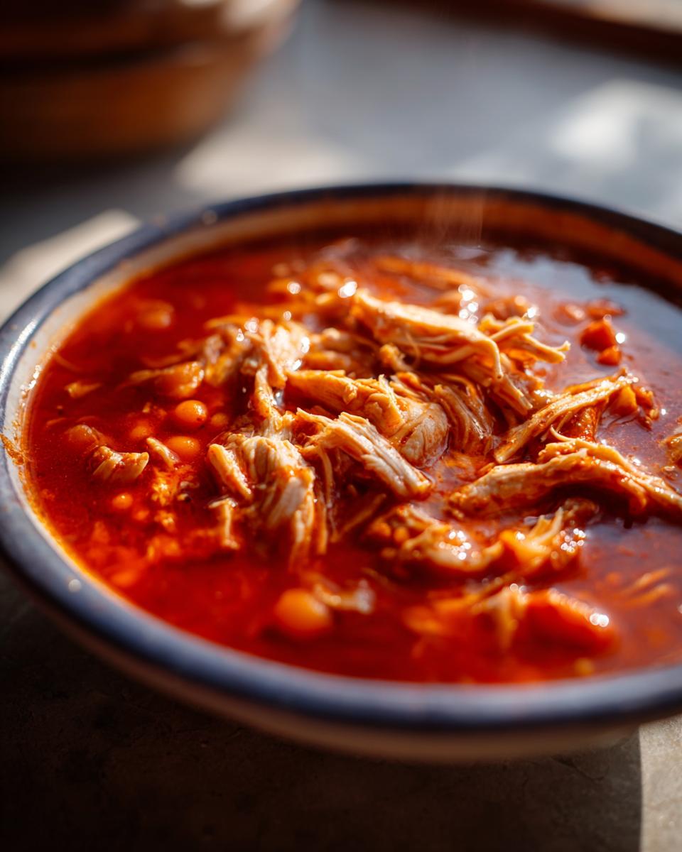 Close-up of a steaming bowl of rich red broth chicken pozole filled with shredded chicken and hominy.
