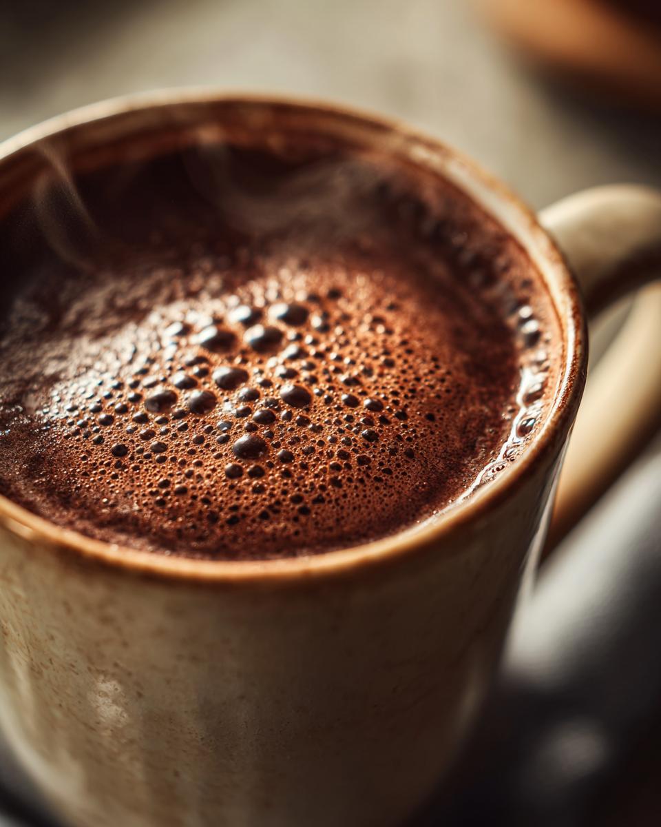 Close-up of steaming, rich hot chocolate with a layer of dark brown foam bubbles in a ceramic mug.