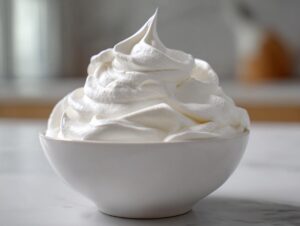 A white bowl filled with perfectly piped, stiff peaks of white royal icing recipe mixture.