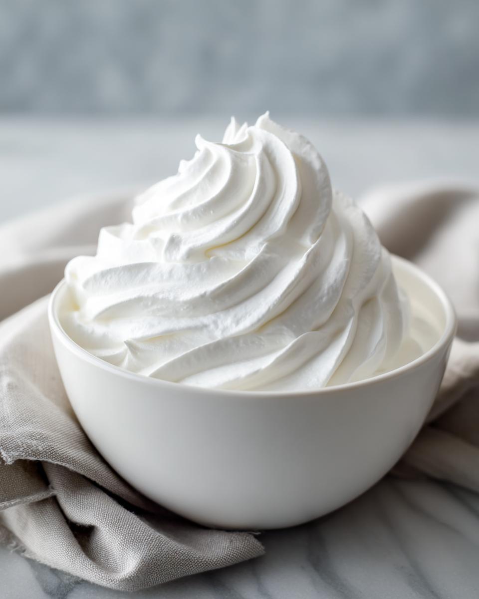 A white bowl filled with stiff, perfectly piped white frosting, resembling whipped cream, for a royal icing recipe.