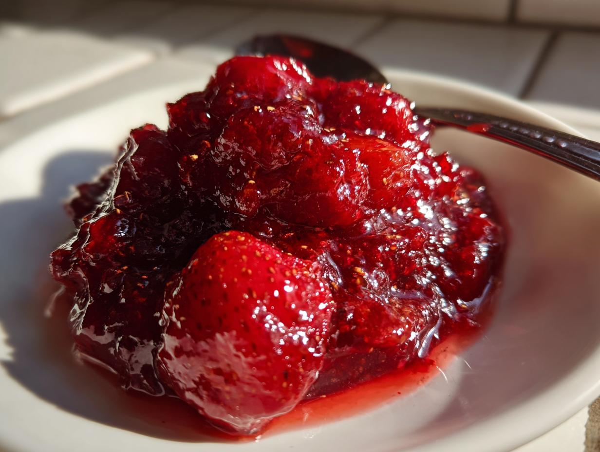 A close-up, vibrant image of chunky strawberry christmas jam served in a small white bowl with a spoon.