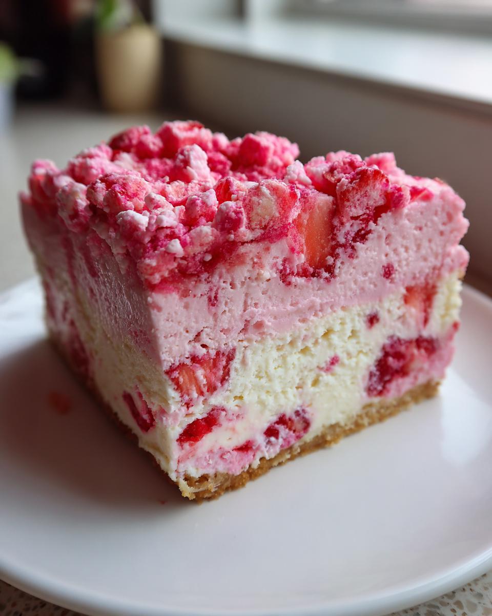 A close-up of a thick slice of strawberry crunch cheesecake showing layers of crust, creamy filling with strawberries, and pink crumble topping.