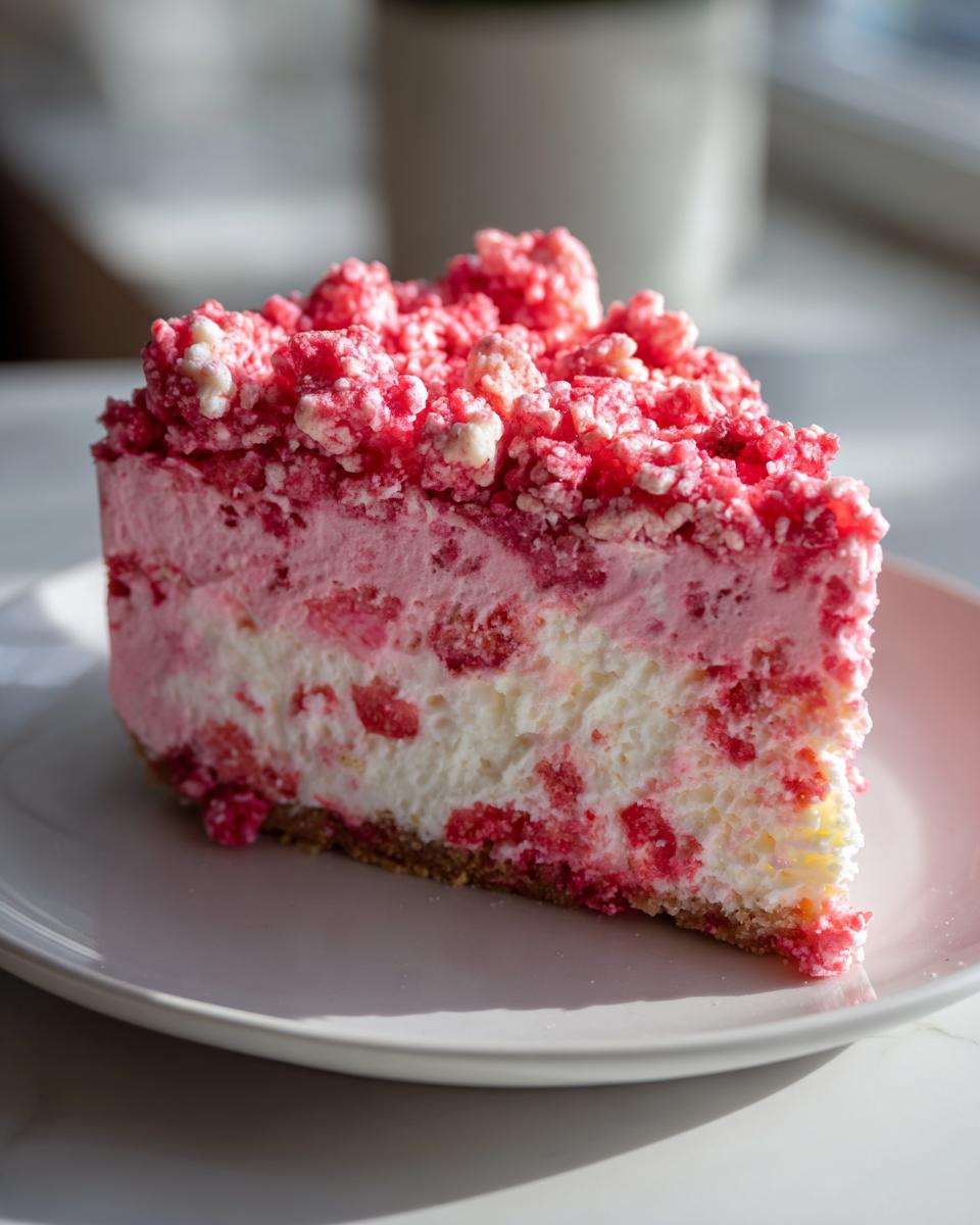 A close-up slice of strawberry crunch cheesecake featuring a pink, crunchy topping and creamy filling.