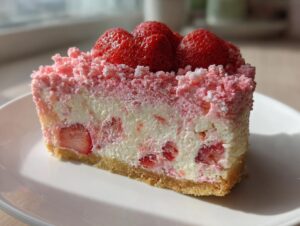 A close-up slice of strawberry crunch cheesecake with a graham cracker crust, topped with fresh strawberries.