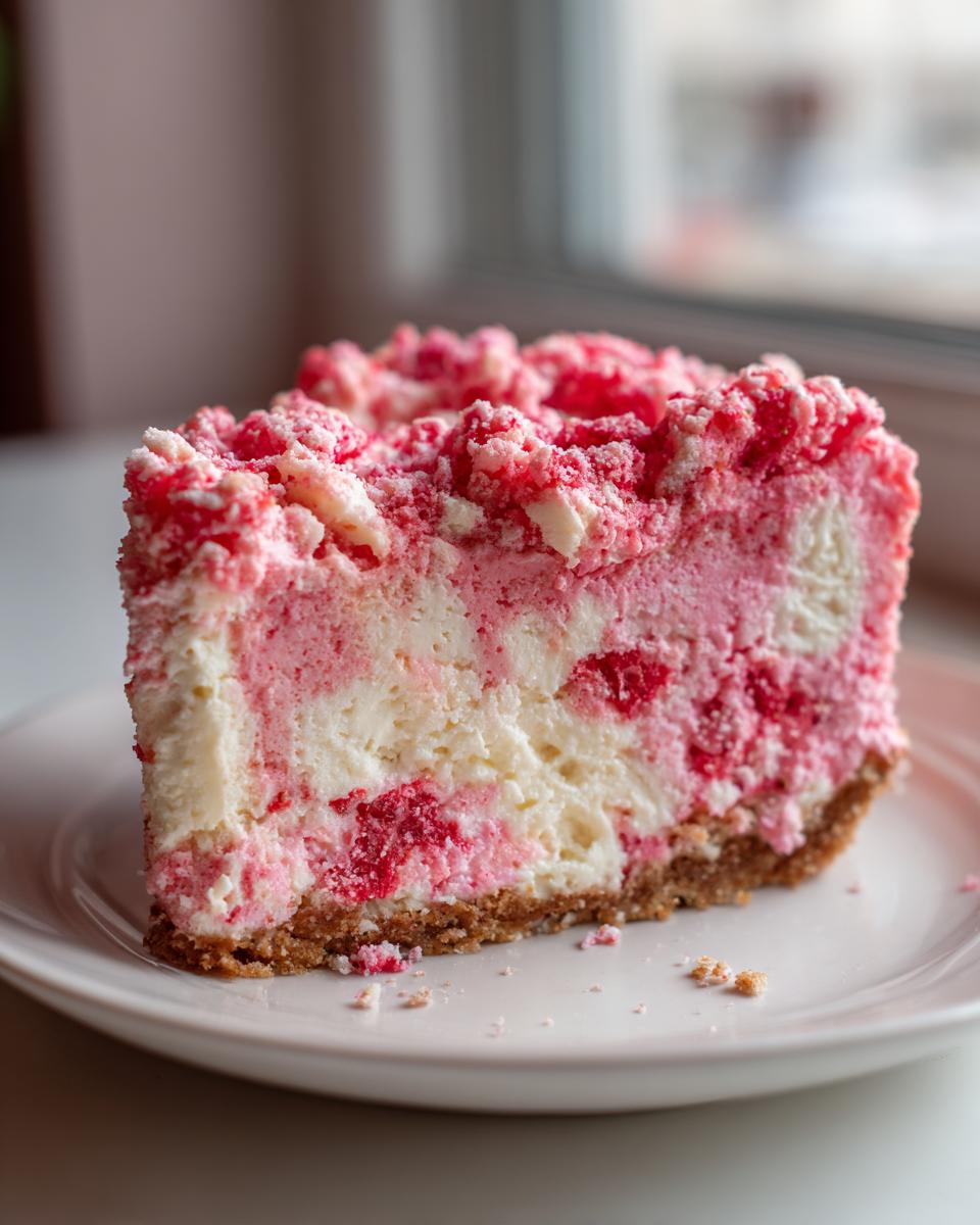 A close-up of a rich slice of strawberry crunch cheesecake showing pink and white swirls and a graham cracker crust.