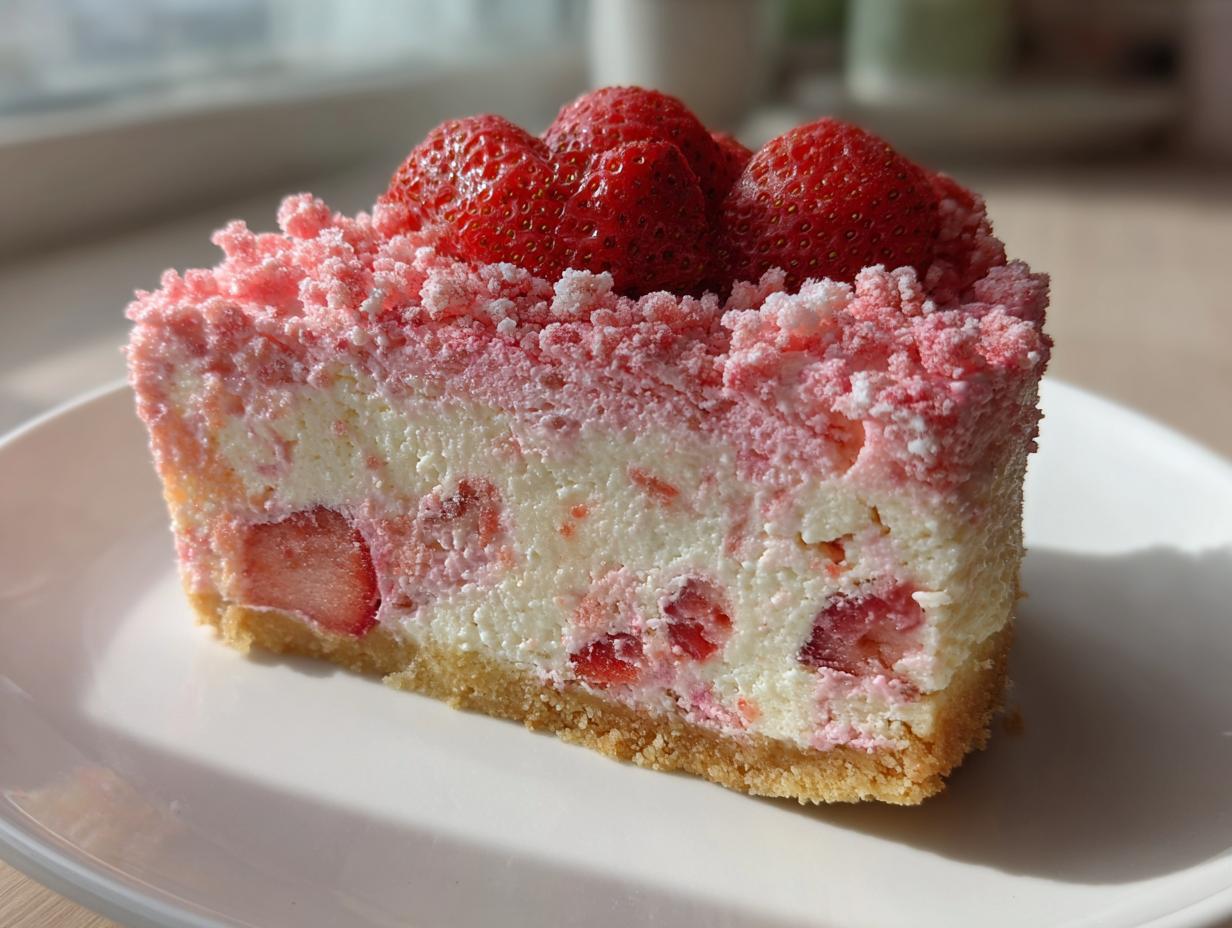 A close-up slice of strawberry crunch cheesecake with a graham cracker crust, topped with fresh strawberries.