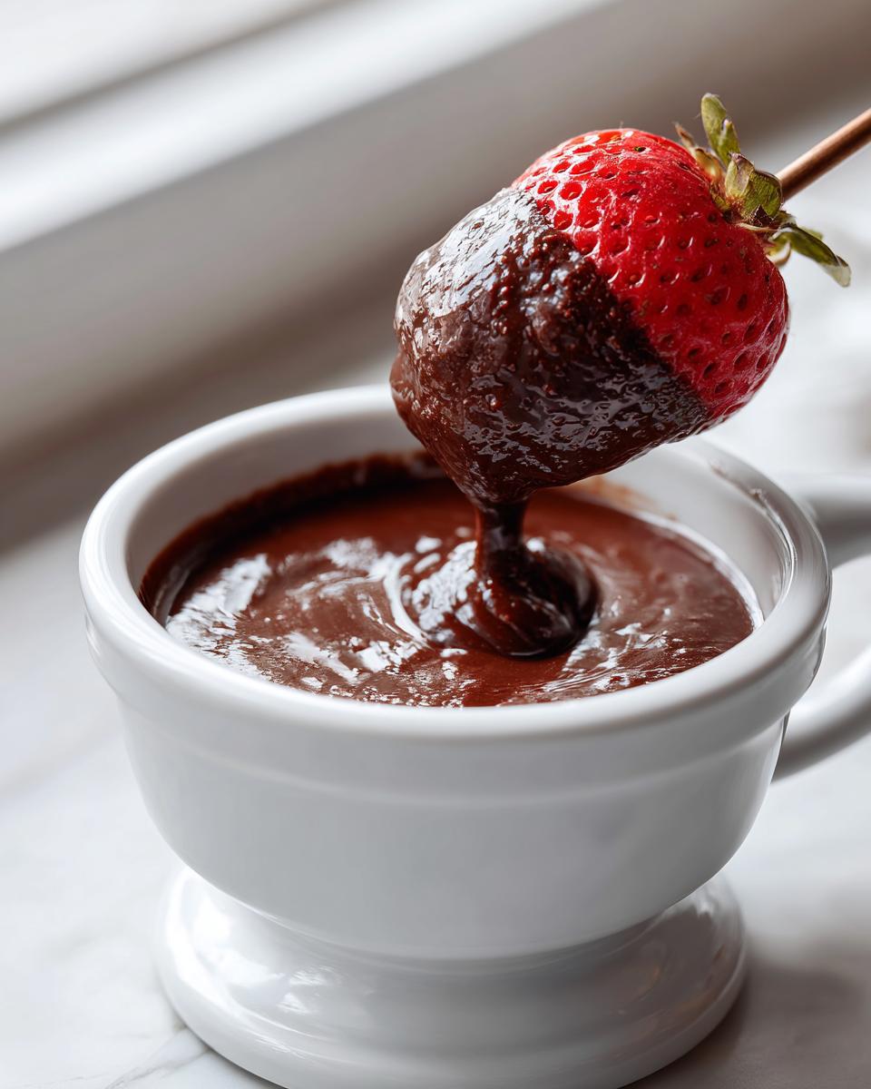 A fresh strawberry being dipped into rich, melted chocolate fondue served in a white cup.