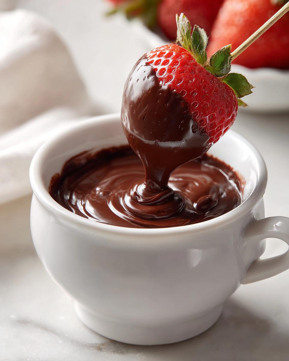 A fresh strawberry on a skewer being dipped into a white cup of smooth, melted chocolate fondue.