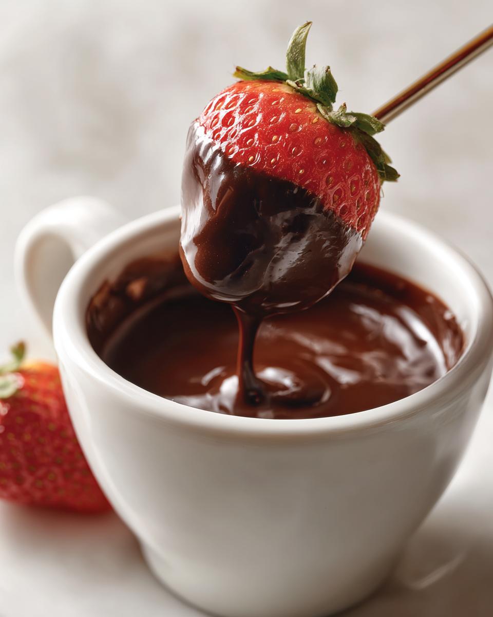 A fresh strawberry being dipped into rich, melted chocolate fondue held in a white mug.