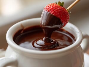 A fresh strawberry being dipped into a white mug of rich, melted chocolate fondue.