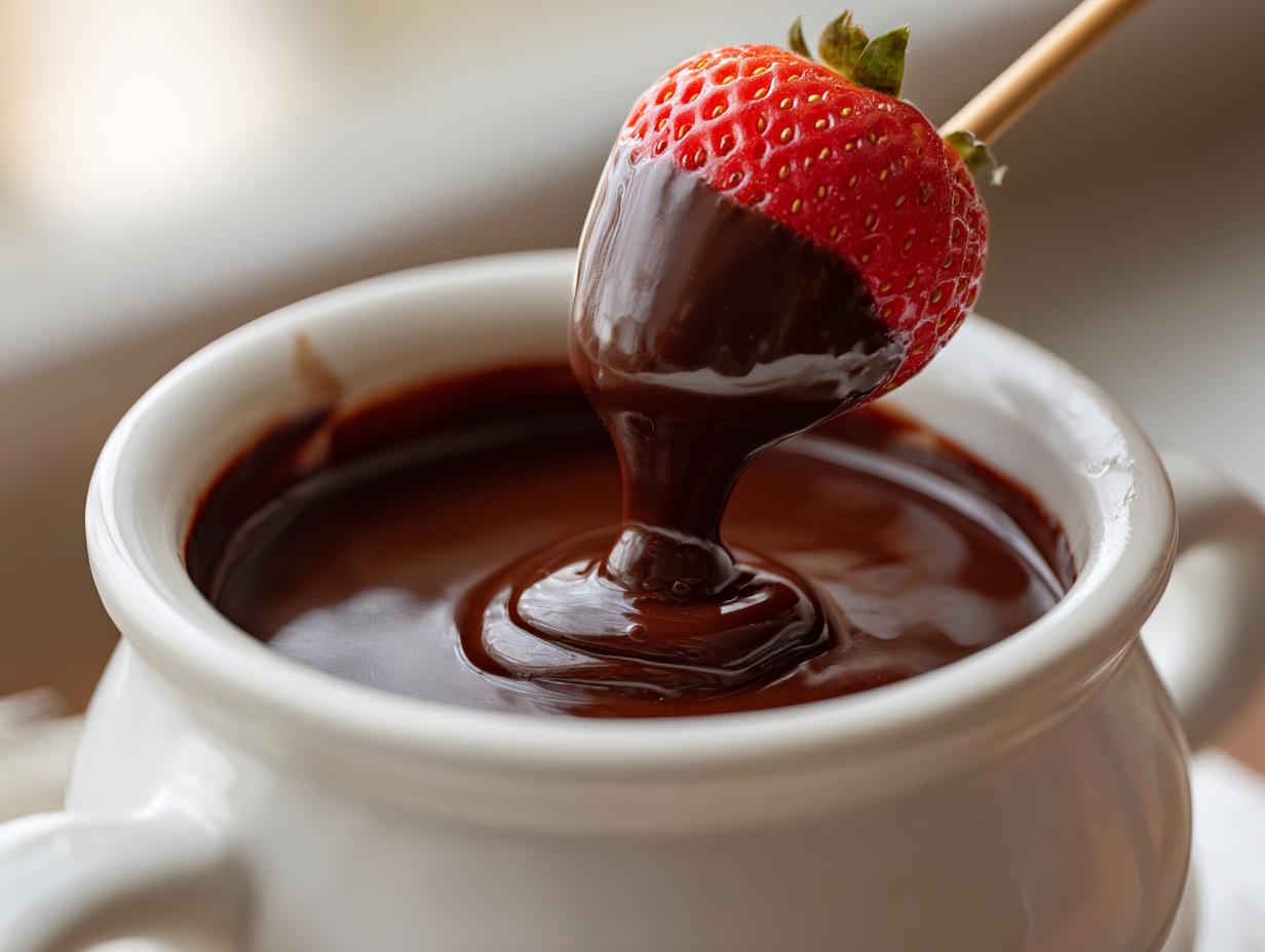 A fresh strawberry being dipped into a white mug of rich, melted chocolate fondue.
