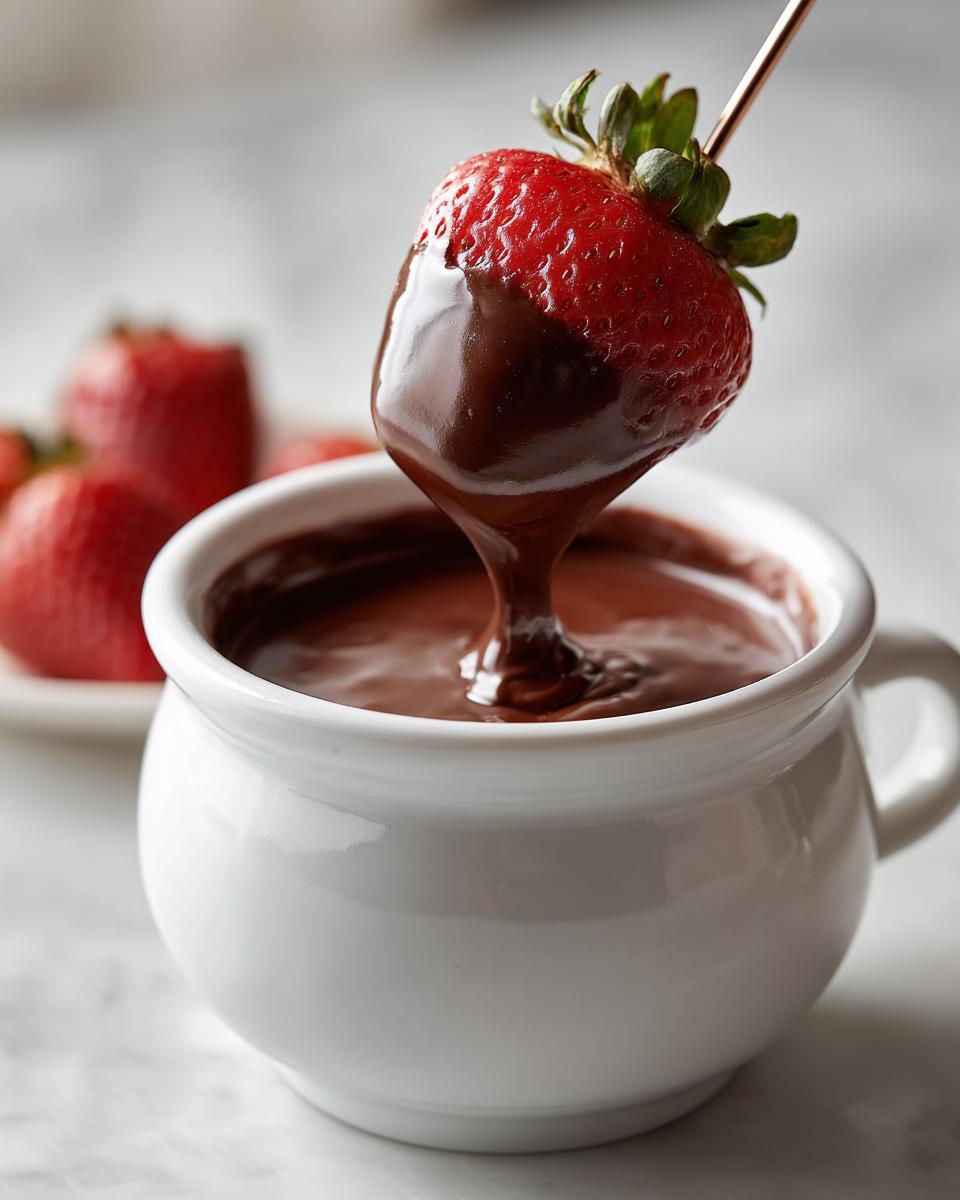 A fresh strawberry being dipped into a white bowl of rich, melted chocolate fondue.