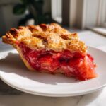 A close-up of a juicy slice of strawberry rhubarb pie showing bright red filling and a golden, sugared crust.