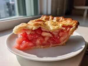 Close-up of a glistening slice of strawberry rhubarb pie showing the pink filling and flaky golden crust.