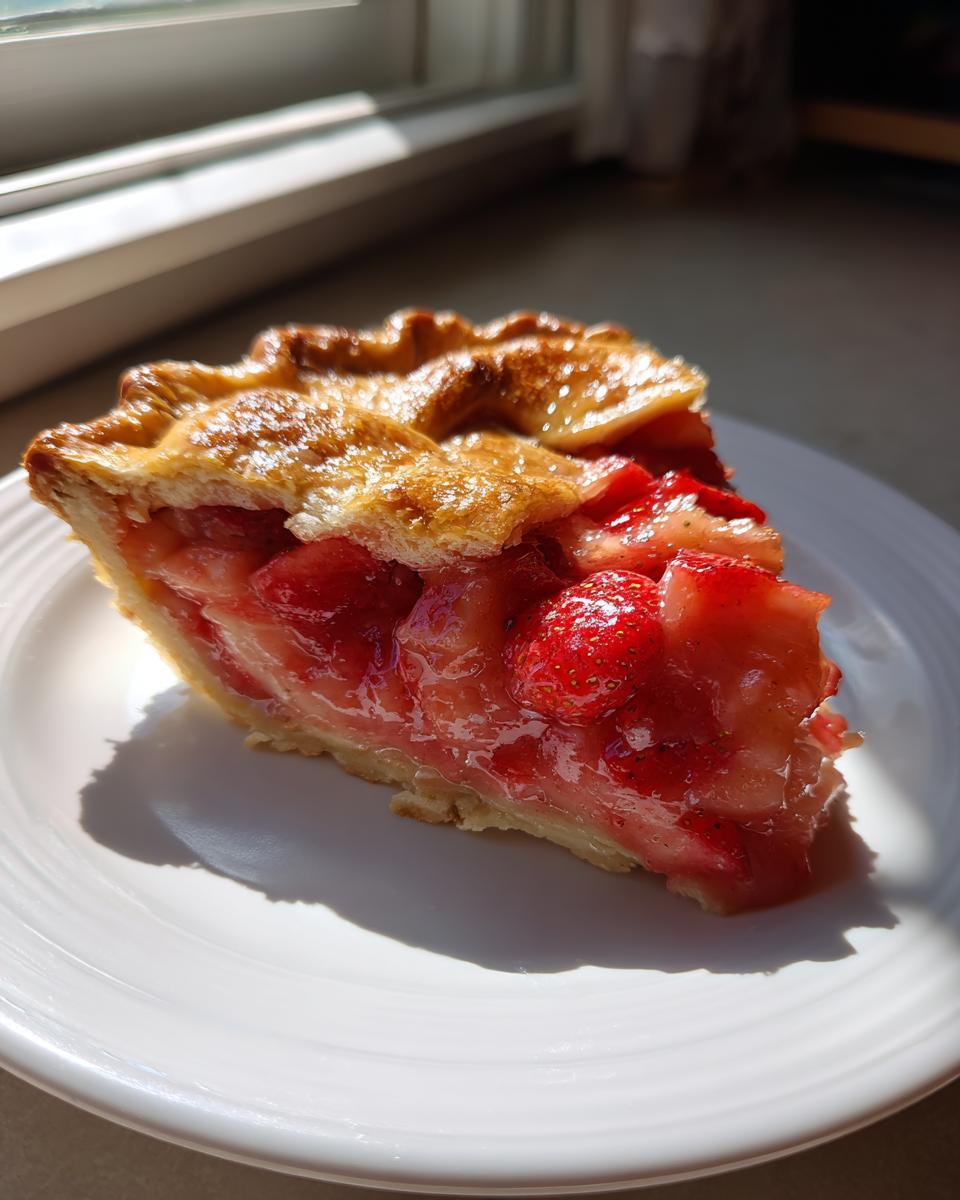A close-up slice of strawberry rhubarb pie showing glistening red filling and a flaky, golden crust, backlit by sunlight.